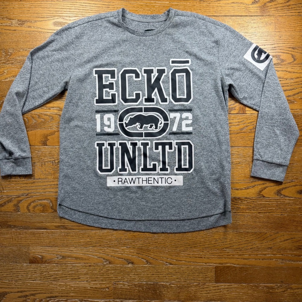 Ecko‎ Unltd Thermal Waffle Knit Mens Gray Long Sleeve Graphic Shirt XL